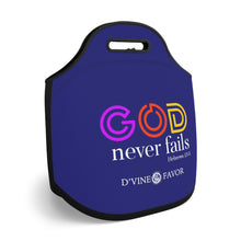 Load image into Gallery viewer, God Never Fails Royalty Purple  Neoprene Lunch Bag