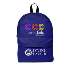 Load image into Gallery viewer, God Never Fails  - Royalty Purple Classic Backpack