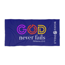 Load image into Gallery viewer, God Never Fails -  Royalty Purple Beach Towel