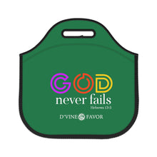 Load image into Gallery viewer, God Never Fails Green Neoprene Lunch Bag