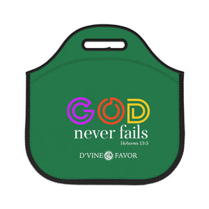 God Never Fails Green Neoprene Lunch Bag