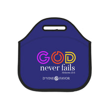 Load image into Gallery viewer, God Never Fails Royalty Purple  Neoprene Lunch Bag