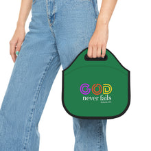 Load image into Gallery viewer, God Never Fails Green Neoprene Lunch Bag