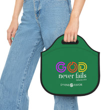 Load image into Gallery viewer, God Never Fails Green Neoprene Lunch Bag