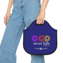 Load image into Gallery viewer, God Never Fails Royalty Purple  Neoprene Lunch Bag