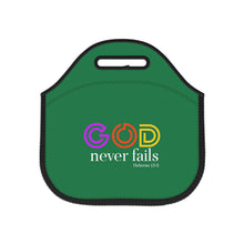 Load image into Gallery viewer, God Never Fails Green Neoprene Lunch Bag