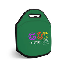 Load image into Gallery viewer, God Never Fails Green Neoprene Lunch Bag