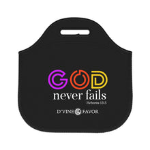 Load image into Gallery viewer, God Never Fails Black Neoprene Lunch Bag