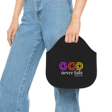 Load image into Gallery viewer, God Never Fails Black Neoprene Lunch Bag