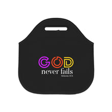 Load image into Gallery viewer, God Never Fails Black Neoprene Lunch Bag