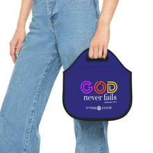 Load image into Gallery viewer, God Never Fails Royalty Purple  Neoprene Lunch Bag