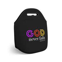 Load image into Gallery viewer, God Never Fails Black Neoprene Lunch Bag