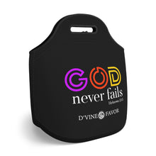 Load image into Gallery viewer, God Never Fails Black Neoprene Lunch Bag