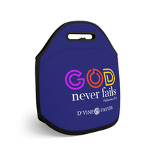 Load image into Gallery viewer, God Never Fails Royalty Purple  Neoprene Lunch Bag