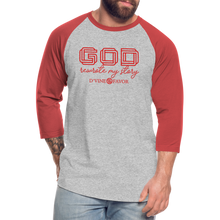 Load image into Gallery viewer, God Rewrote My Story - Baseball T-Shirt - heather gray/red