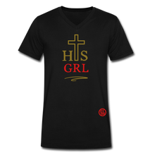 Load image into Gallery viewer, His Girl Gold/Red V-Neck T-Shirt - black