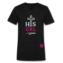 Load image into Gallery viewer, HIS Girl - White//Pink Velvety Unisex V-Neck T-Shirt - black