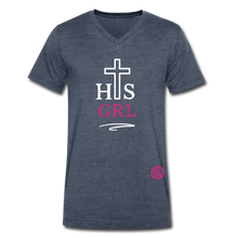 Load image into Gallery viewer, HIS Girl - White//Pink Velvety Unisex V-Neck T-Shirt - heather navy