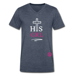 HIS Girl - White//Pink Velvety Unisex V-Neck T-Shirt - heather navy